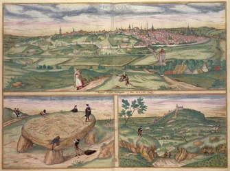 Mapa Poitiers, z „Civitates Orbis Terrarum“ od Georga Brauna (1541-1622) a Franse Hogenberga (1535-90), 1561