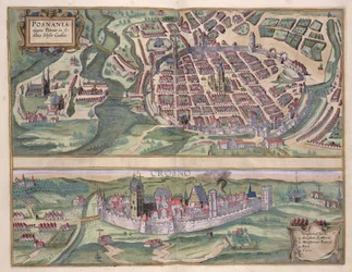 Mapa Poznaně a Gruczna, z «Civitates Orbis Terrarum» od Georga Brauna (1541-1622) a Franse Hogenberga (1535-90), kolem 1572-1617