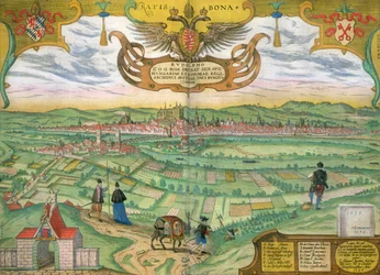 Mapa Regensburgu z knihy "Civitates Orbis Terrarum" od Georga Brauna (1541-1622) a Franse Hogenberga (1535-90) 1594