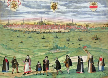 Mapa Rostocku, z „Civitates Orbis Terrarum“ od Georga Brauna (1541-1622) a Franse Hogenberga (1535-90) kolem 1572-1617