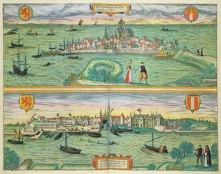 Mapa Rotterdamu a Goudy, z „Civitates Orbis Terrarum“ od Georga Brauna (1541-1622) a Franse Hogenberga (1535-90) kolem 1572-1617
