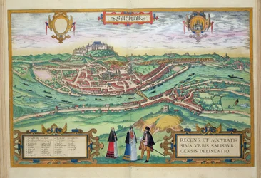 Mapa Salcburku z díla «Civitates Orbis Terrarum» od Georga Brauna (1541-1622) a Franse Hogenberga (1535-90), kolem 1572-1617