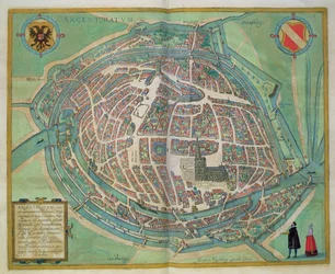 Mapa Štrasburku, z díla „Civitates Orbis Terrarum“ od Georga Brauna (1541-1622) a Franse Hogenberga (1535-90), kolem 1572