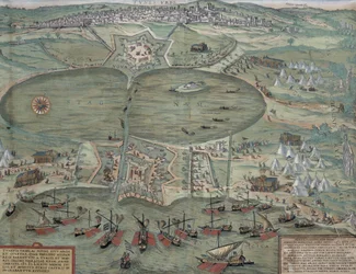 Mapa Tunisu z „Civitates Orbis Terrarum“ od Georga Brauna (1541-1622) a Franse Hogenberga (1535-90), 1574