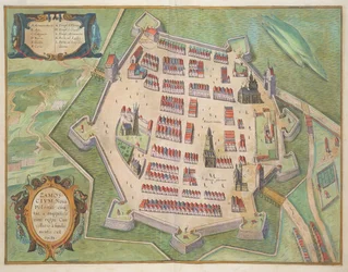 Mapa Zamoscu, z „Civitates Orbis Terrarum“ od Georga Brauna (1541-1622) a Franse Hogenberga (1535-90) kolem 1572-1617