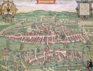 Mapa Curychu z „Civitates Orbis Terrarum“ od Georga Brauna (1541-1622) a Franse Hogenberga (1535-90), kolem roku 1572-1617