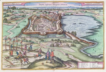 Maďarská pevnost Papa v době osmanského obležení, z „Le Theater du Monde“ od Georga Brauna (1541-1622) vydaného v Kolíně nad Rýnem 1572-1618, 1617