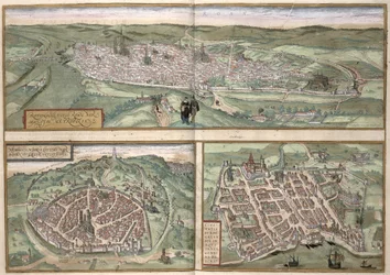Plány měst Rouen, Nimes a Bordeaux z knihy "Civitates Orbis Terrarum" od Georga Brauna (1541-1622) a Franse Hogenberga (1535-90), asi 1572