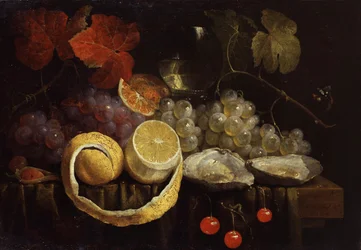 Zátiší s ovocem a ústřicemi. Obraz Jorise van Sona (1623-1667) Soukromá sbírka.