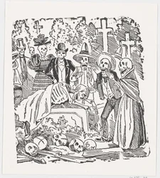 Kostra přikrytá prostěradlem plačící na hřbitově, z široké strany s názvem „..., ca. 1880-1910.