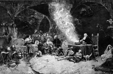 Sobotní scéna, čaroděj předsedá obřadu a vyvolává stvoření v magickém kotli. Na scénu se dostaví čarodějnice. Z kresby od Jose Benlliure y Gil (1855-1937)