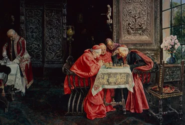 Hra v šachy (olej na panelu)