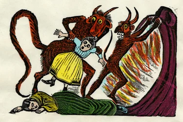 José Guadalupe Posada (1852-1913). Josephina Lora je vtažena ďáblem do pekla. Xylografický akvarel, Mexico City