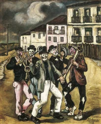 GUTIERREZ SOLANA, José (1886-1945). Mascaras vinateras (řasenky obchodníků s vínem). 1944-1945. Olej na plátně. Soukromá sbírka