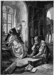 Eva v dílně Hanse Sachse (III. dějství opery „Die Meistersinger von Nurnberg“, francouzsky „Mistři pěvci norimberští““ od Richarda Wagnera, napsáno v roce 1868) podle obrazu Josepha Fluggena. Gravírování v „The Illustrous World“