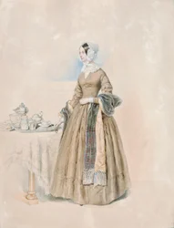 Portrét princezny Leopoldiny Karoliny Palffyové, rozené hraběnky Kaunitz-Rietbergové (manželky třetího prince Antona Karla Palffyho), stojící u prostřeného čajového stolu