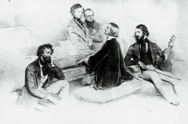 Matiné u Liszta doma, zleva doprava, Kriehuber, skladatel Hector Berlioz (1803-1869), Carl Czerny (1791-1857) Lisztův učitel, Franz Liszt (1811-1866) a houslista Heinrich Wilhelm-Liszt, 5840-1811 Josef Kriehuber (1800-1876)