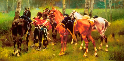 ""Skupina husarů a koní v lese"" Obraz od Josepa Cusachse i Cusachse (1851-1908). 1905.