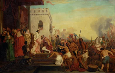 Kryštof Kolumbus přijat Ferdinandem II. a Isabelou Katolickou po návratu z Indie ...
