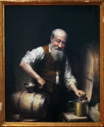 Vinař ve svém sklepě. Obraz Joseph Noel Sylvestre (1847-1926), olej na plátně, konec 19.-20. století. francouzské umění. Musee des Beaux Arts de Beziers, Hotel Fayet.