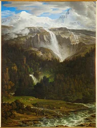 Vodopád Schmadribach v údolí Lauterbrunn, Berner Oberland, Švýcarsko ... (olej na plátně)