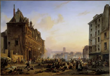 Les Trois Glorieuses (27., 28. a 29. července): „“Útok na pařížskou radnici dne 28. 7. 1830““ Obraz Joseph Beaume (1796-1885) 1831 Sun. 1,45x2,1m