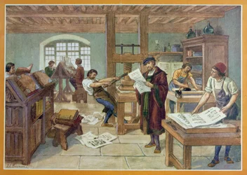Gutenbergův vynález knihtisku s pohyblivými literami, ilustrace z "První knihy francouzských dějin" od A. Aymarda, vydané nakladatelstvím Hachette