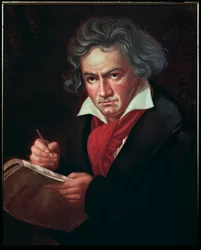 Portrét Ludwiga van Beethovena (1770-1827), německého hudebníka, komponujícího Missu solemnis“ (Ludwig van Beethoven (1770-1827) německý skladatel, složil mši) Obraz Karla Josepha Stielera (1781-1858) 1819-1820 Bonn, Dům Beethovenů