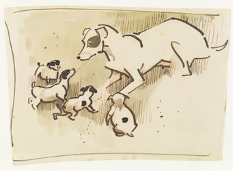 Foxteriér a štěňata (pero a mytí na papíře)