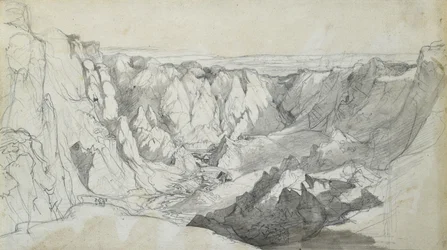 Cínový důl Carclase v Cornwallu, cca 1810 (tužka s mytím na papíře)