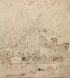 Hrad s kulatou věží nad řekou