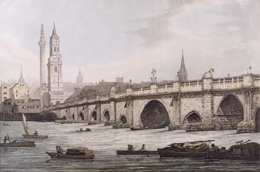 Pohled na London Bridge, včetně kostela sv. Mága a památníku, vyrytý J.C. Stadlerem