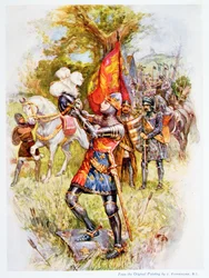 Eduard Černý princ v bitvě u Crécy roku 1346, ilustrace z knihy „Stories of Royal Children from English History“ od Doris Ashley, vydal Raphael Tuck, 1920