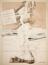 Mapa newyorského přístavu se sondami, pohledy na pevninské značky a námořní směry pro potřeby lodivodů. Sestaveno na základě průzkumů a pozorování poručíků Johna Knighta Johna Huntera z námořnictva a dalších.