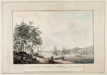 Pohled na město a přístav Halifax z pobřeží Dartmouthu, asi 1777 (tištěno)