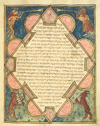 Zvířecí hudebníci, ilustrace z židovské Cervera Bible, 1299
