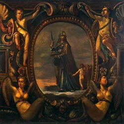 Alegorická postava s putti v kartuši (olej na plátně)