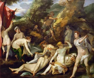 Baroko: Diane et Acteon - Diana a Actaeon par Heintz, Joseph, starší (1564-1609), cca 1595. Olej na mědi, 40x49. Uměleckohistorické muzeum, Vienne