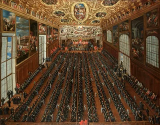 Interiér Sala Maggior Consiglio, Dóžecí palác v Benátkách, s patriciji hlasujícími v bulletinu pro volbu nových magistrátních úředníků.