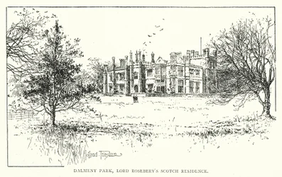 Dalmeny Park, skotská rezidence lorda Roseberyho (litografie)