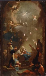 Seslání Ducha svatého (letnice), Olej na plátně od Josepha Ignaze Mildorfera (1719-1775), cca 1750 - (Sestoupení Ducha svatého (letnice), Olej na plátně od J.I.Mildorfera, asi 1750) - Magyar Nemzeti Galeria (Maďarsko)