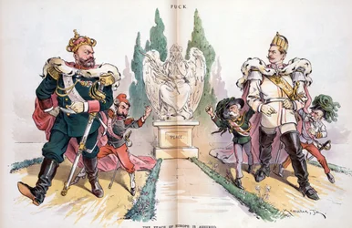 Alexandr III., označený jako "Rusko", se dívá na Viléma II., označeného jako "Německo".