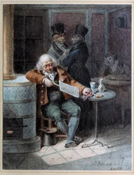 Reading of the Gazette““: starý muž spal v kavárně a četl noviny „The Gazette““ v roce 1824. Litografie Joseph Louis Hippolyte Bellange (1800-1866) 1824 Paříž, Musee Carnavalet