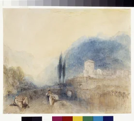 Bellinzona (akvarel s perem a červeným inkoustem na bílém papíře)