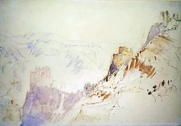Burg Eltz ze severu (tužka, pero a červená tuš, akvarel a bodycolor na papíře)
