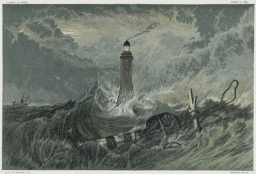 Maják Eddystone, postavený na skále Eddystone anglickým stavebním inženýrem Johnem Smeatonem v letech 1757-1759. Chromolitografie podle obrazu JMW Turnera