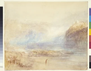 Falls Of The Rhine At Schaffhausen - Pohled do dálky (akvarel, pero a červený inkoust přes šedý lavír na bílém papíře)