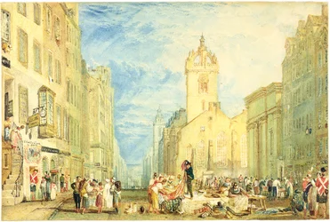 High Street, Edinburgh, cca 1818 (akvarel, pero, inkoust, grafit a škrábání na tkaný papír)