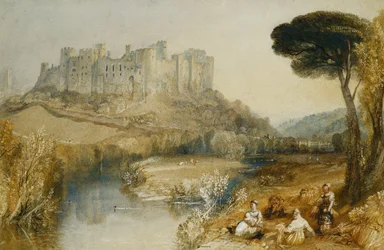 Ludlow Castle (tužka a akvarel zvýrazněný vyškrábáním a arabskou gumou na papíře)