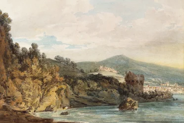Pobřeží pod Vietri, Salerno v dálce, hrad viděný nad Torre Crestarella